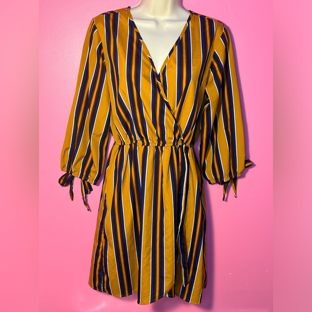 NWOT Striped Wrap Dress - Tie-Sleeve - Mustard - Size Medium